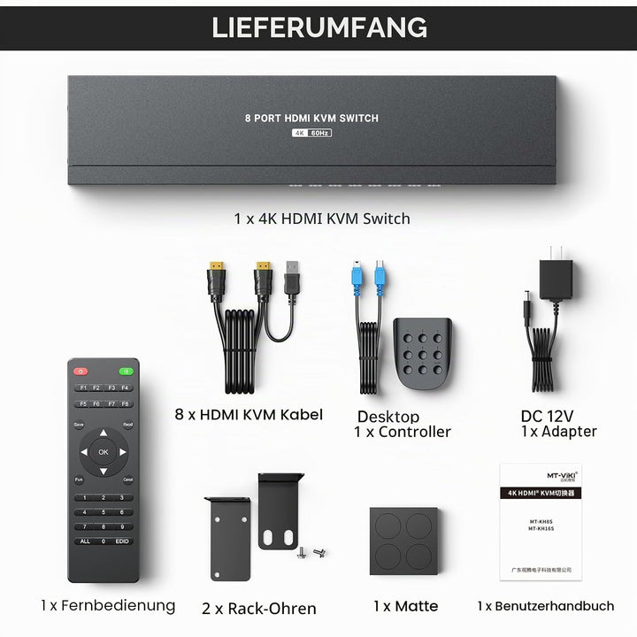 MT-VIKI 4K@60Hz HDMI KVM Switch 8 Port mit 8 Kabeln & 3,5mm Audio 19'' 1U Rackmount-KVM-Switch mit 4