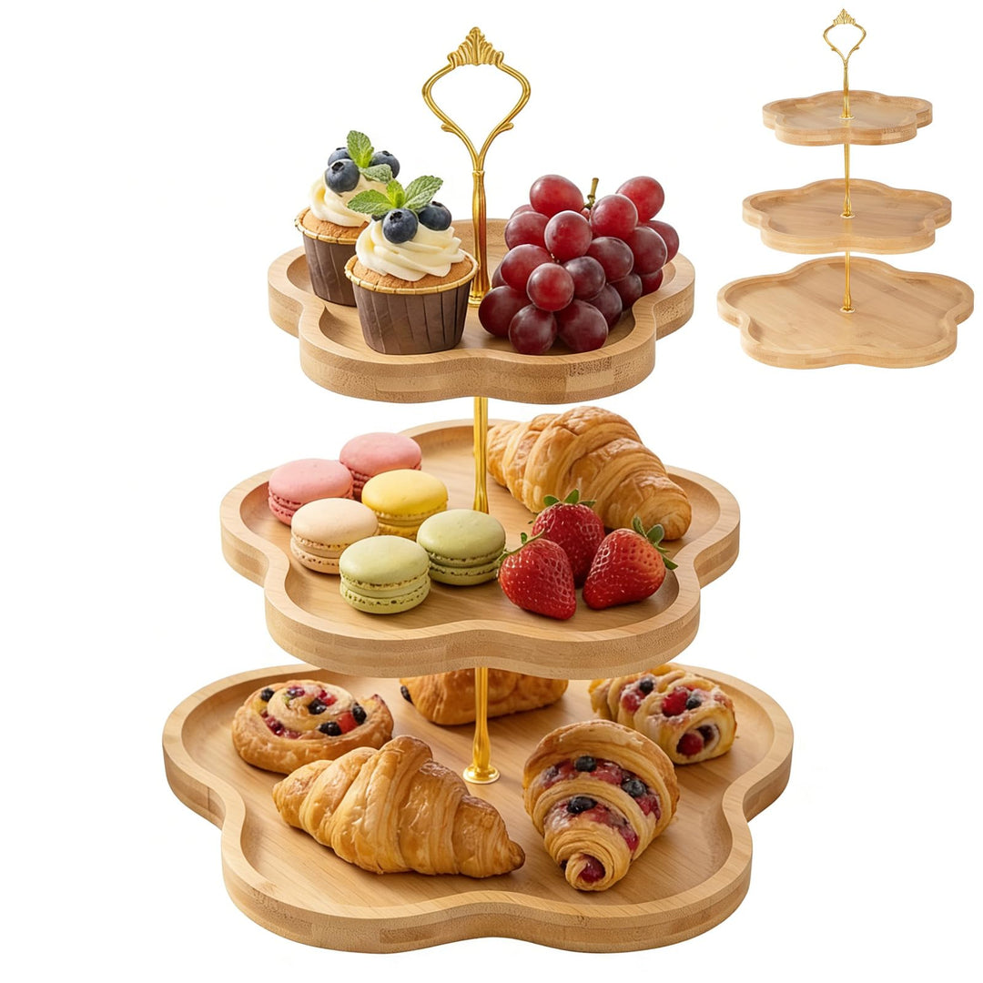 DUJUST Eleganter Holz-Cupcake-Ständer mit 3 Ebenen und Blumenform-Design, Bambus-Etagere für Cupcake