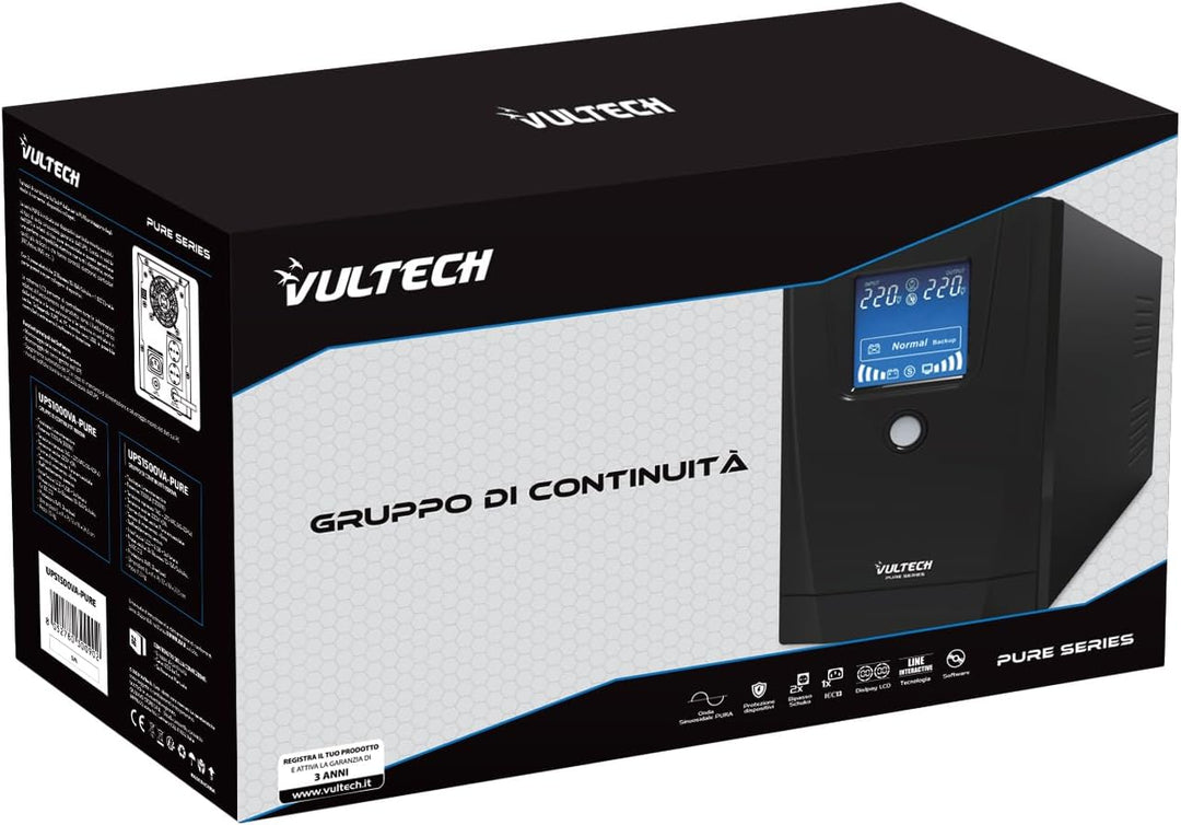 Vultech UPS1500VA-PURE Pure Line Interactive mit Sinuswelle, Schwarz, Tower, USV Serie Pure 1500 VA