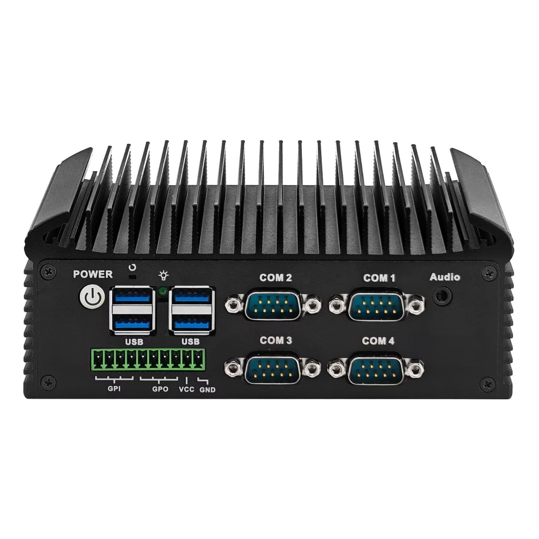Lüfterlos PC N150(4C/4T) Industrie Mini PC, 4RS232 COM,2RJ45 LAN, 2HD+VGA Triple Display, 6USB, GPIO