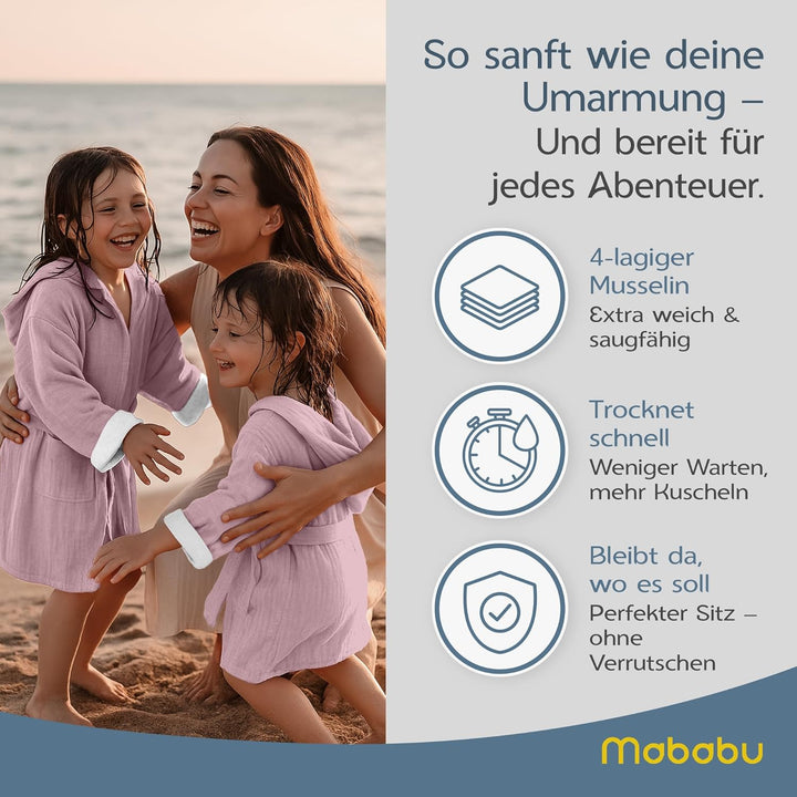 Bademantel Kinder mit Kapuze | 100% Bio-Baumwolle GOTS Zertifiziert | Premium Musselin Kinderbademan