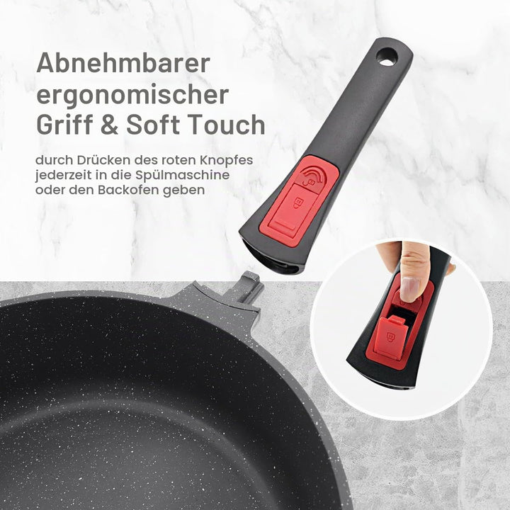Topf und Pfannenset 10-Teilig, Pfanne mit Deckel 20cm, 24cm, 28cm, Stielkasserolle 18cm+ Dampfer, To
