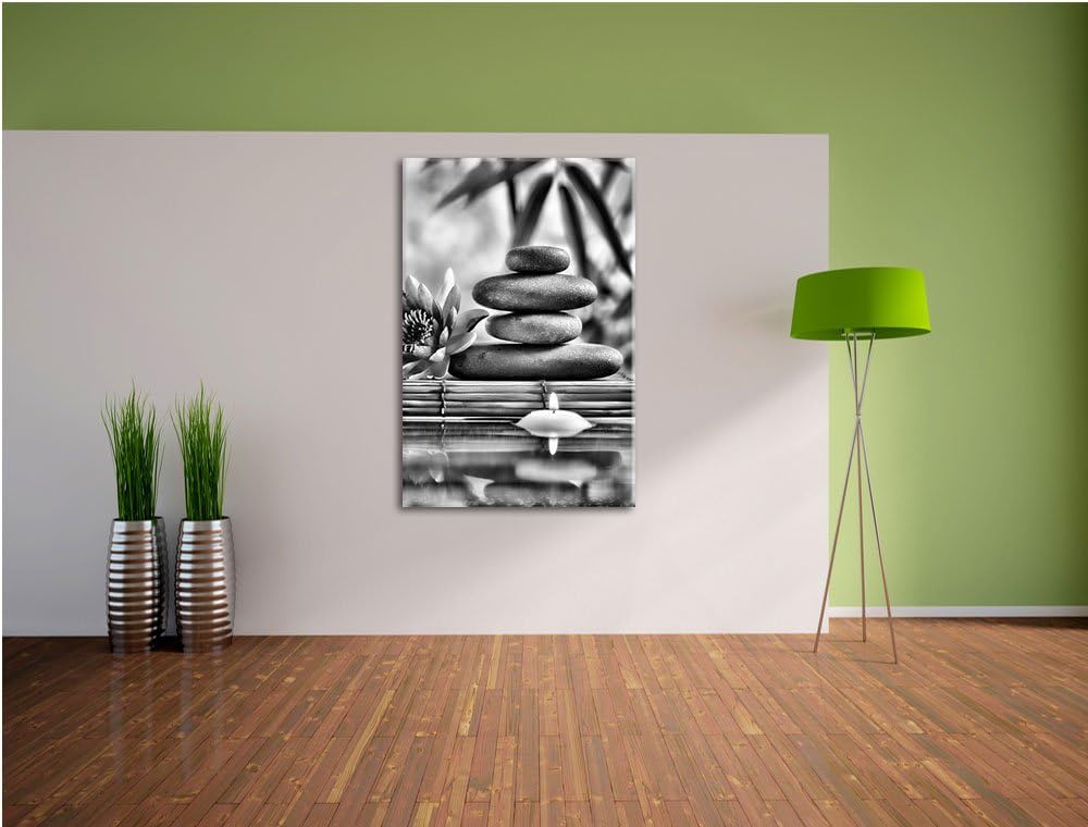 Pixxprint Monocrome, Seerose mit Zen Steinen und Kerzen, Format: 100x70 auf Leinwand, 100x70