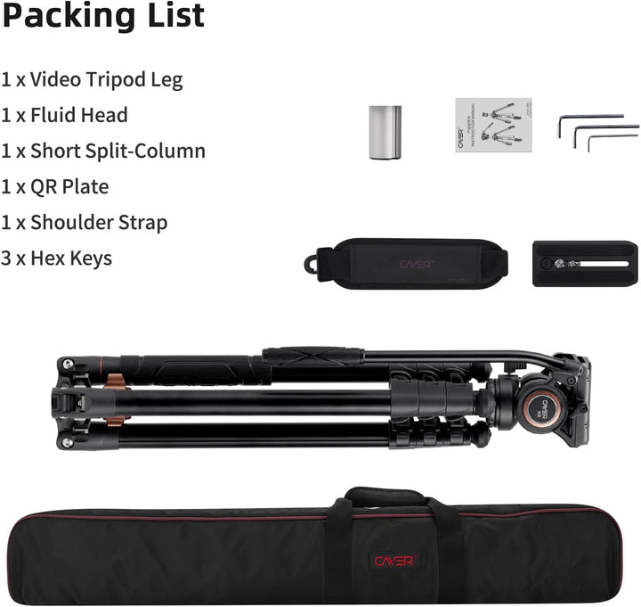 Cayer FP2450 Fluid Head Tripod, 75 Zoll Aluminium Video Stativ, 4-Sektion Kompaktes Kamerastativ umw