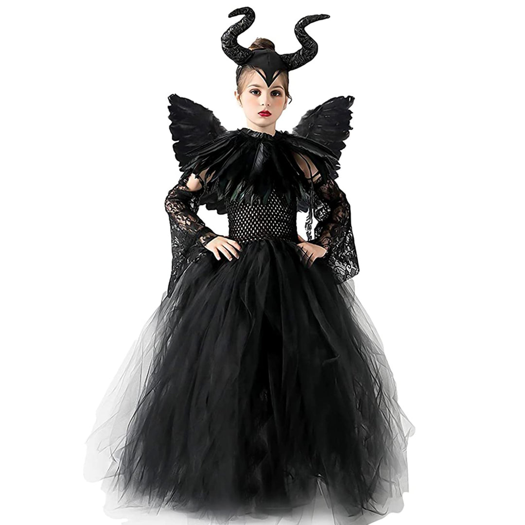 AMOBON Maleficent Kostüm Set für Kinder, Mädchen Böse Königin Kleid mit Hörner Kopfschmuck und Schwa