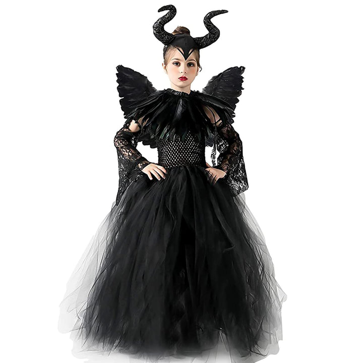 AMOBON Maleficent Kostüm Set für Kinder, Mädchen Böse Königin Kleid mit Hörner Kopfschmuck und Schwa