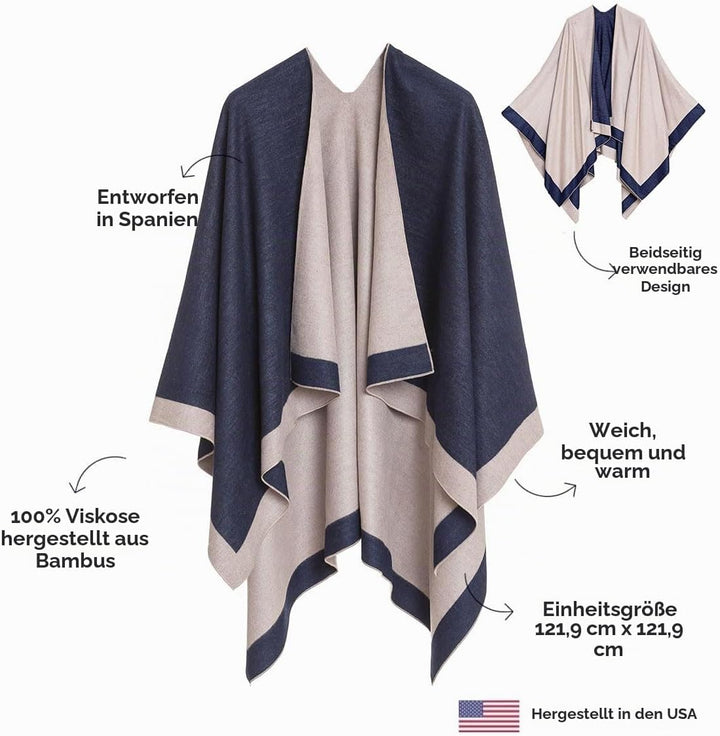 Damen Schal Wrap Poncho Ruana Cape Cardigan Pullover Open Front für Frühling Herbst Winter Blau, Bla