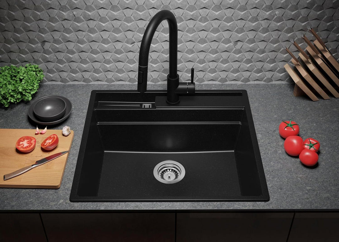 Spülbecken Schwarz 58x53 cm, Granitspüle + Ablauf-Set + aufrollbare Abtropffläche, Küchenspüle für 6