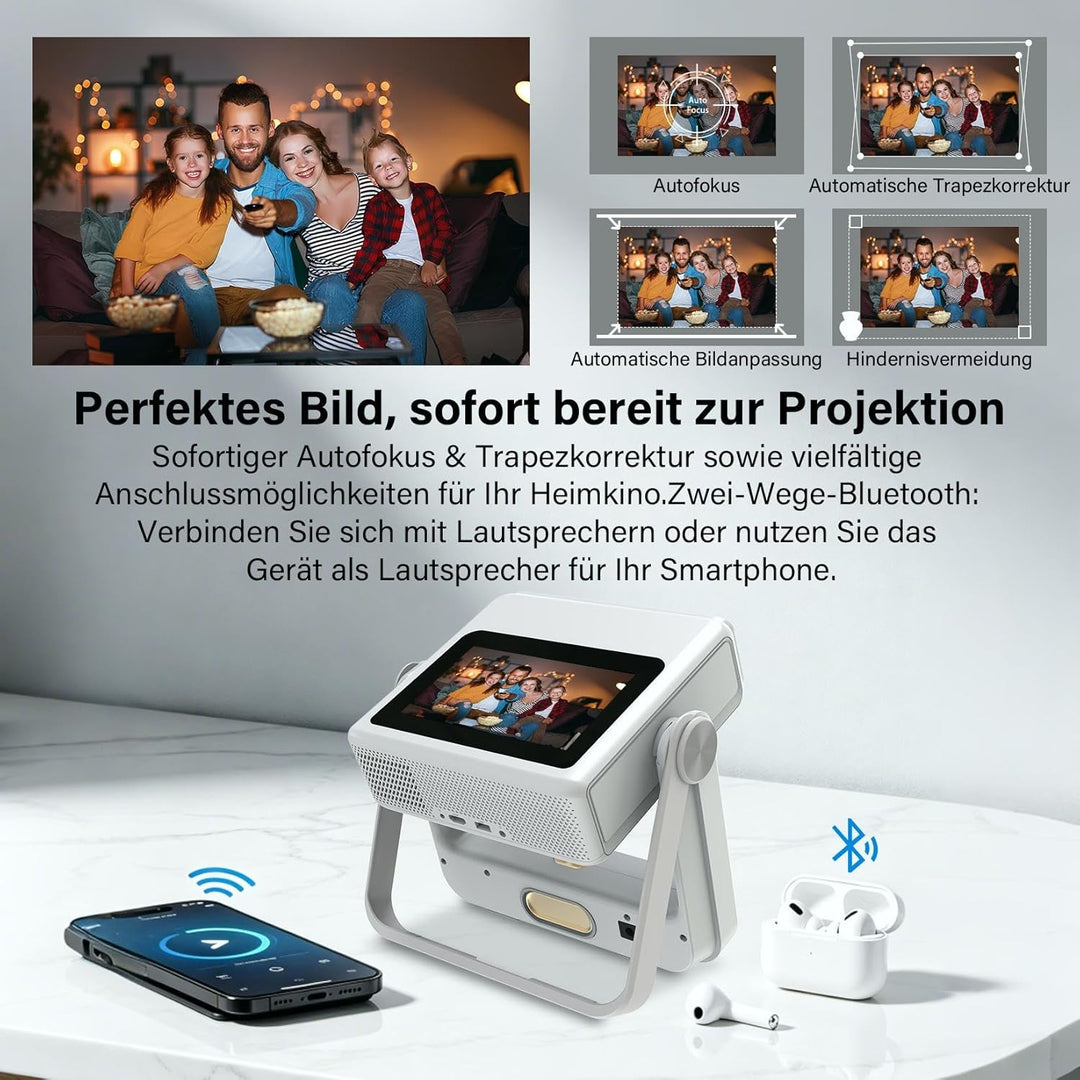 Smart Beamer 4K Unterstützt, FHD 1080P Projektor mit Touchscreen,Dual-Display Heimkino Projektor 120