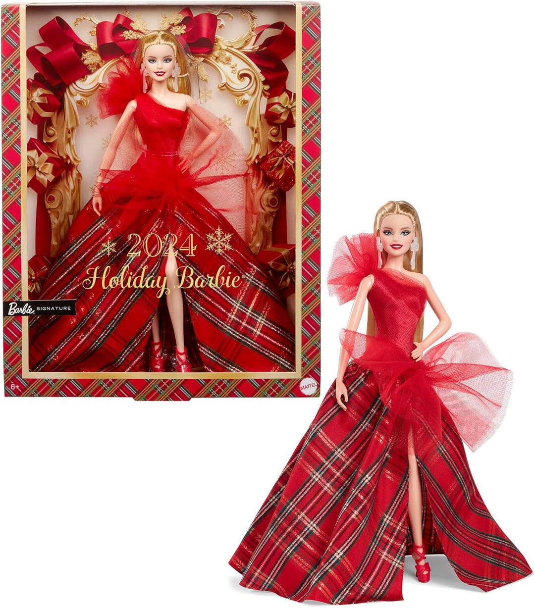 Barbie Signature Doll, 2024 Holiday Blonde Fashion Doll Wearing Gown with Plaid Skirt, Seasonal Coll
