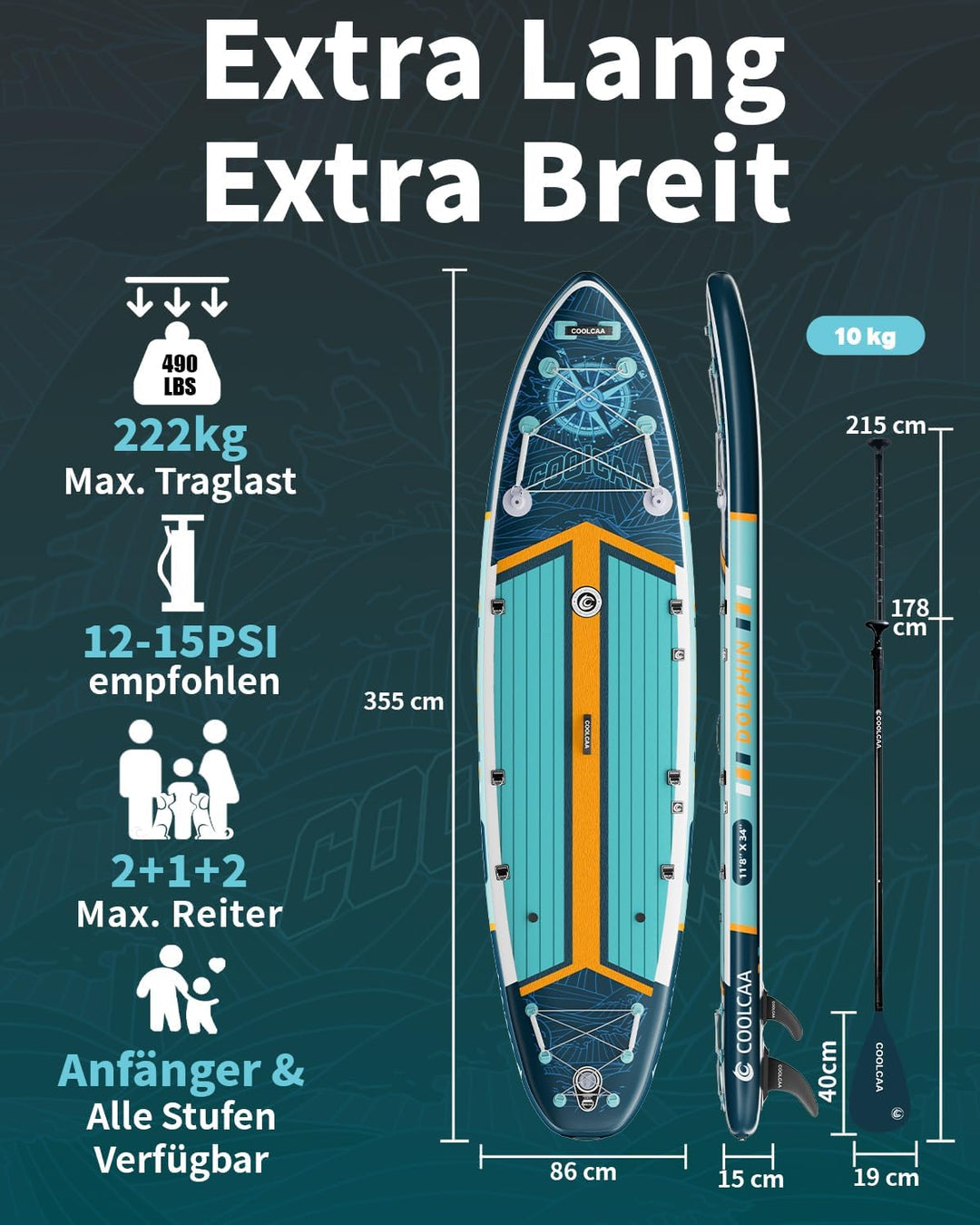 COOLCAA SUP Board, 355cm (Extra Gross) Stand Up Paddling Board, Aufblasbares Stand-Up Paddle Board m