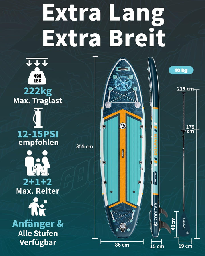 COOLCAA SUP Board, 355cm (Extra Gross) Stand Up Paddling Board, Aufblasbares Stand-Up Paddle Board m