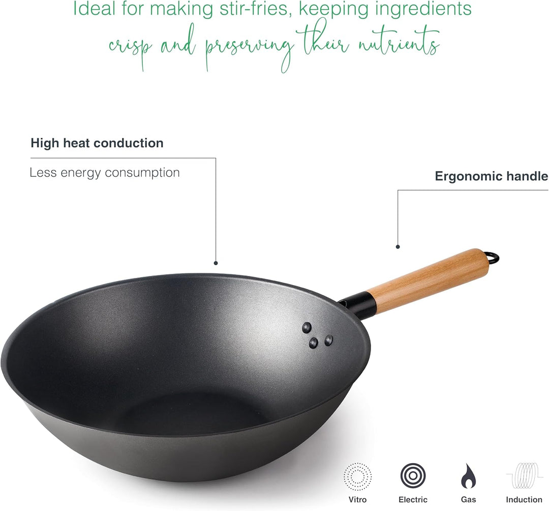 LACOR - 66128 - Wok Rustikaler, 100% natürlicher Eisen Wok mit dreilagiger Antihaftbeschichtung, PFO