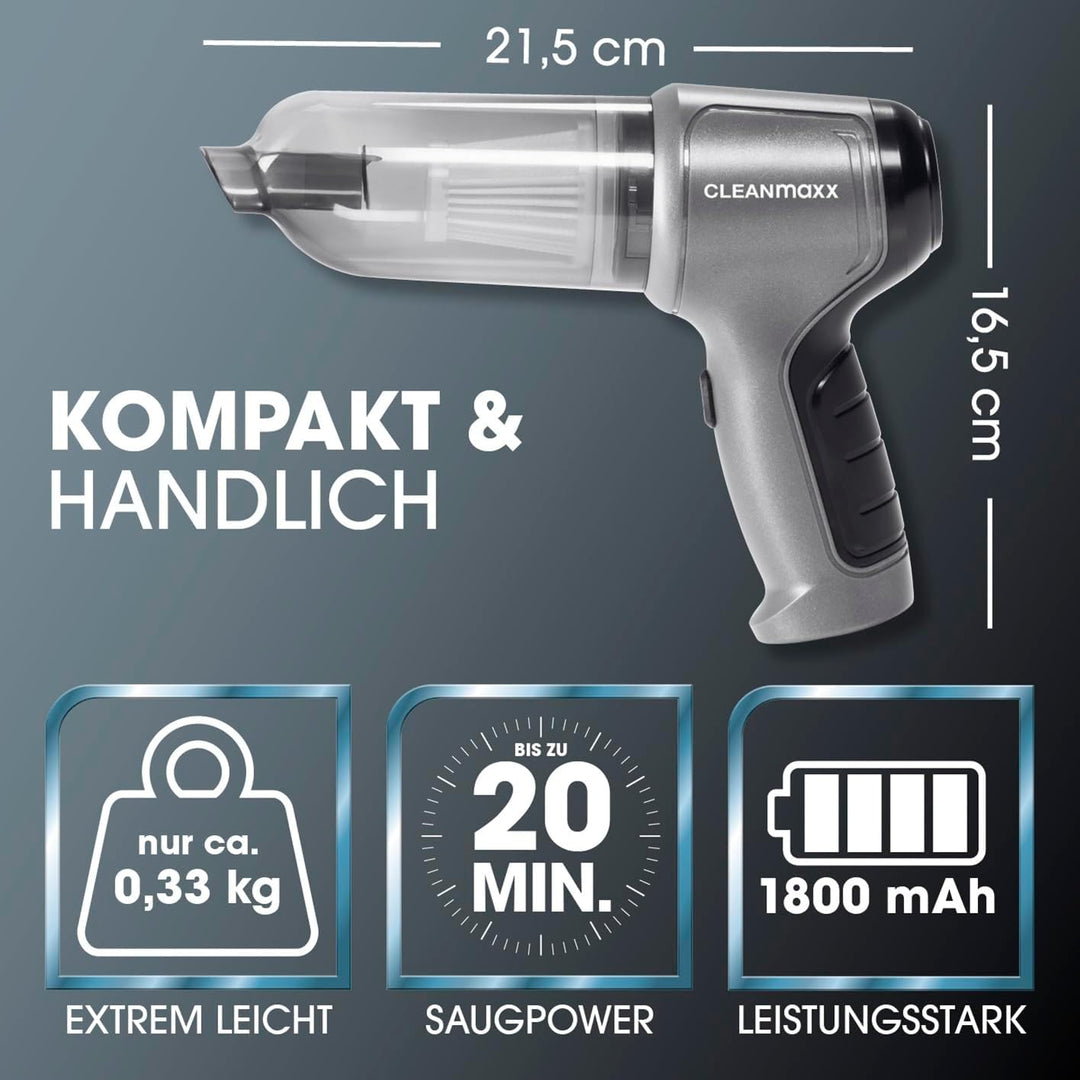 CLEANmaxx Akku Handstaubsauger | Staubsauger kabellos mit Saug-, Gebläse- und Vakuumierfunktion | Ha