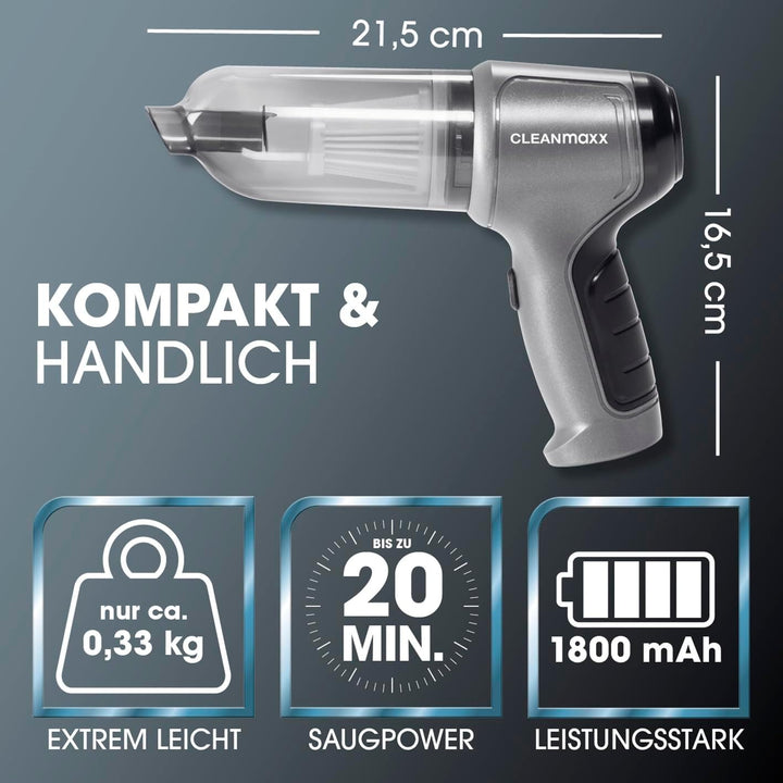 CLEANmaxx Akku Handstaubsauger | Staubsauger kabellos mit Saug-, Gebläse- und Vakuumierfunktion | Ha