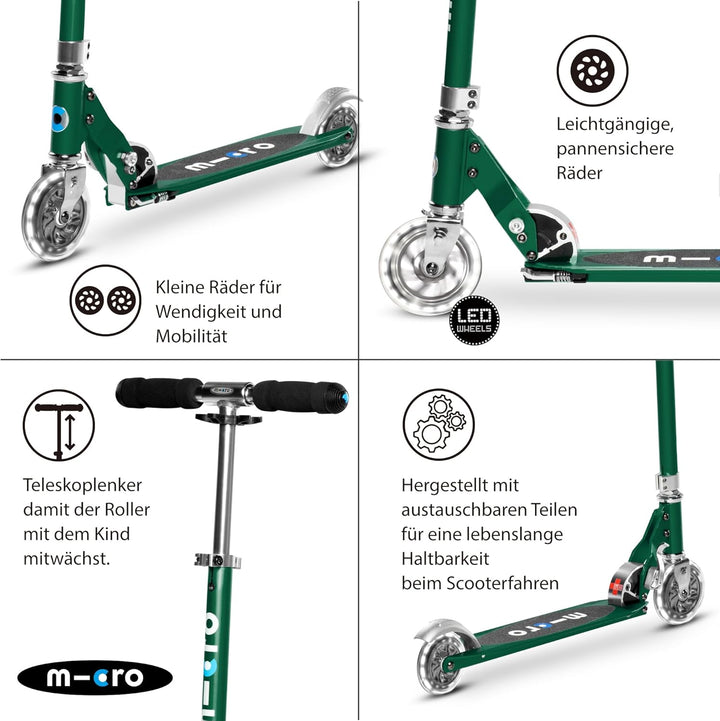 micro™ Sprite LED Kinder Kinderscooter | Cityroller mit LED-Rollen | klappbar und Lenker höhenverste
