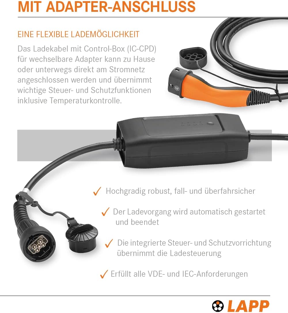 Lapp Mobility Typ 2 Ladestation 22kW / ohne Adapter / 32 A / 3-Phasig/E-Auto Ladekabel/Mode 2 / 6m /