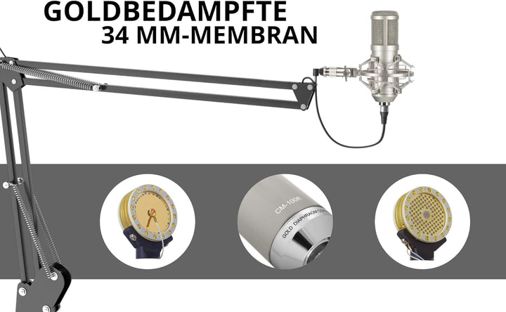 Pronomic CM-100S Studio Grossmembranmikrofon XLR-Kondensatormikrofon (mit Mikrofonspinne, Etui, Wind