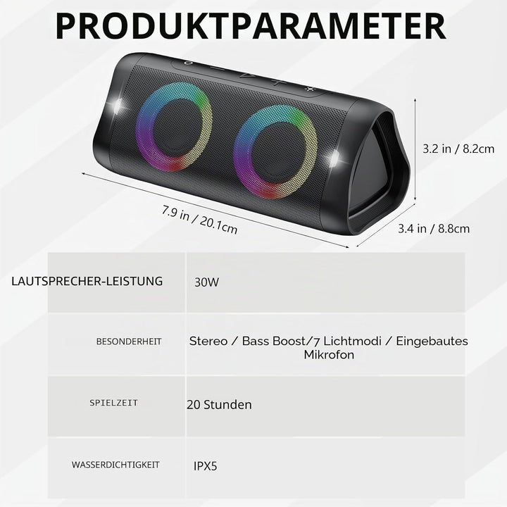 DONOW Bluetooth Lautsprecher mit Licht, 30W Stereo Sound, Musikbox Bluetooth Box mit IPX5 wasserdich