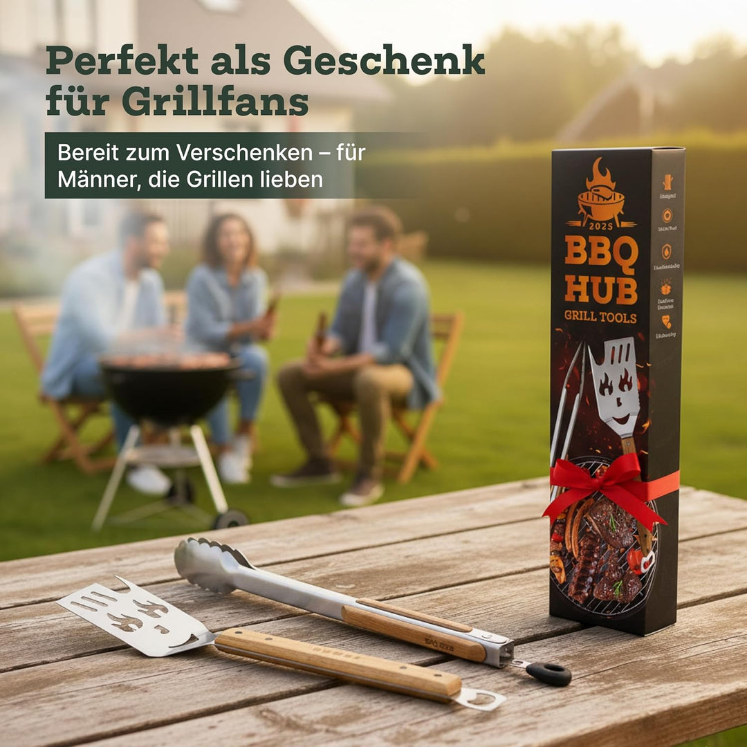 BBQ Hub Grillspachtel/Grillspatel Set 7-in-1 aus Edelstahl mit Holzgriff inkl. Grillzange – multifun