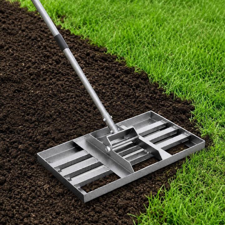Rasenrakel 43x26 cm Schwerlast, Rasen Nivellierrechen mit glatter Kante und langem Griff, vollversch