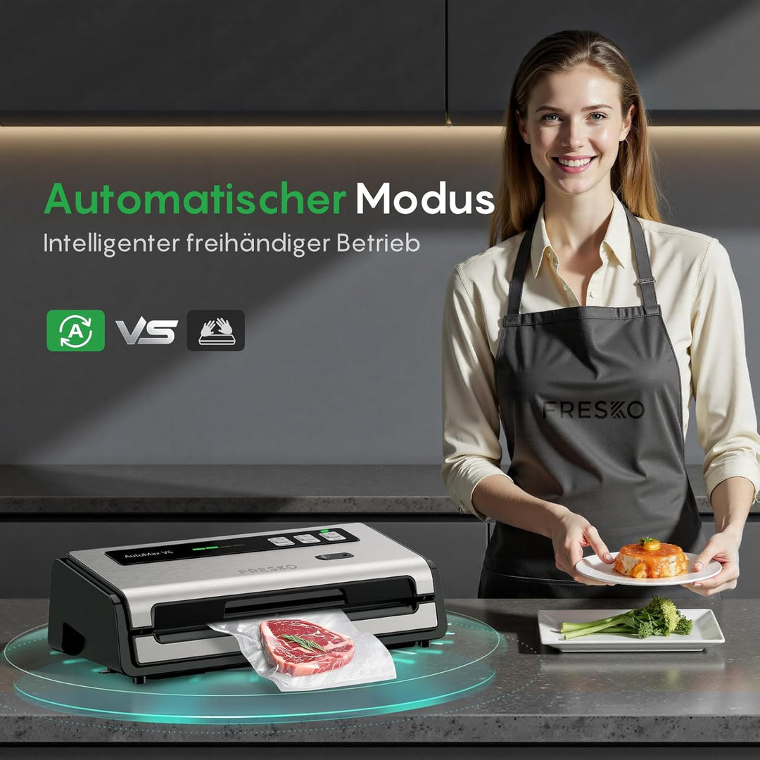 FRESKO Automatische Vakuumiergerät, 140 W Vakuumierer, Doppelte Heisssiegelung, Integrierter Schneid