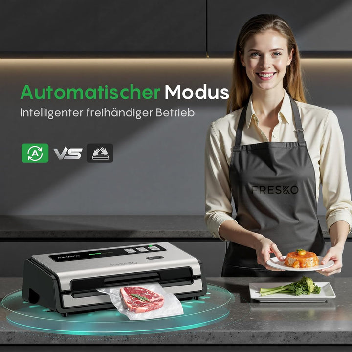 FRESKO Automatische Vakuumiergerät, 140 W Vakuumierer, Doppelte Heisssiegelung, Integrierter Schneid