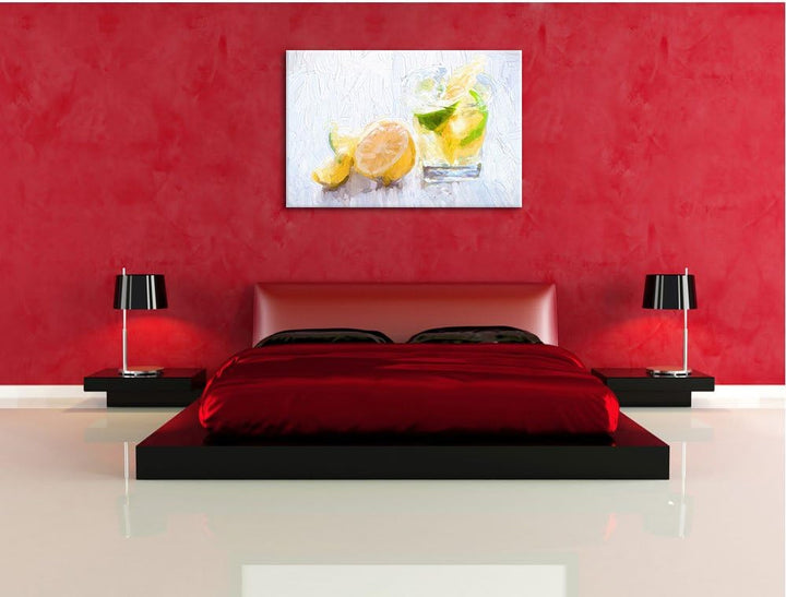 Pixxprint Gin Tonic Shot mit Zitronen / 100x70cm Leinwandbild bespannt auf Holzrahmen/Wandbild Kunst