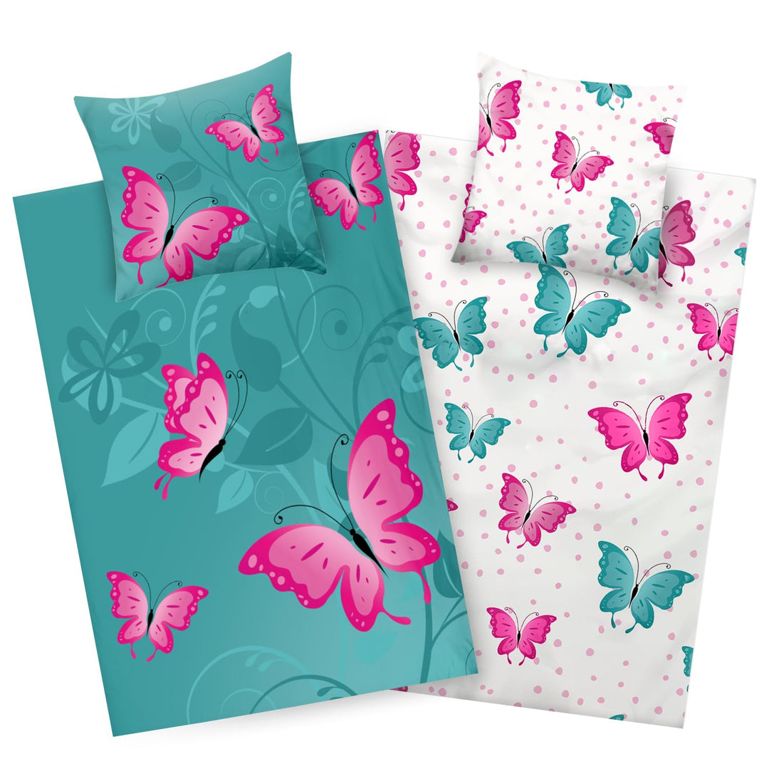 Aminata kids Bettwäsche 135x200 Schmetterling Kinder Mädchen Baumwolle Schmetterlinge türkis grün |