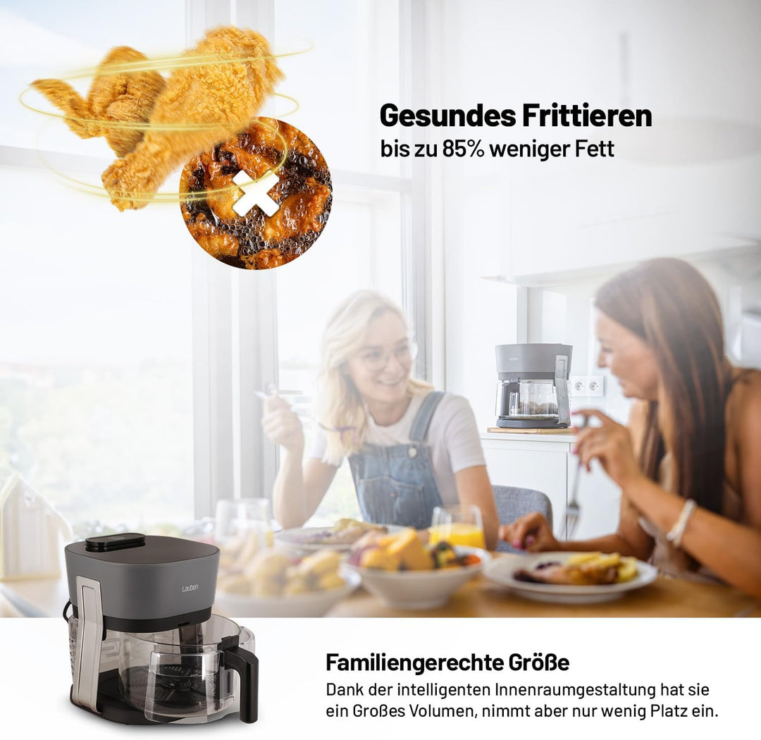 Lauben Glass&Steam Heissluftfritteuse 4500BG Air Fryer mit Glasfrittierkorb, Dampffunktion, 8 Progra