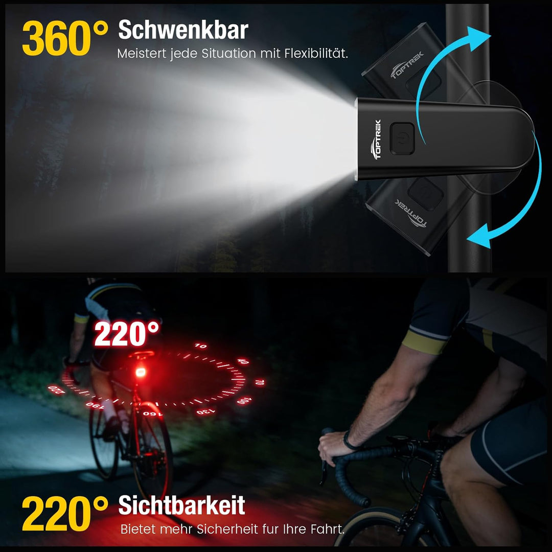 toptrek Fahrradlicht Set USB Aufladbar, StVZO Zugelassen Fahrrad Lichter LED Set, IPX5 Wasserdicht F