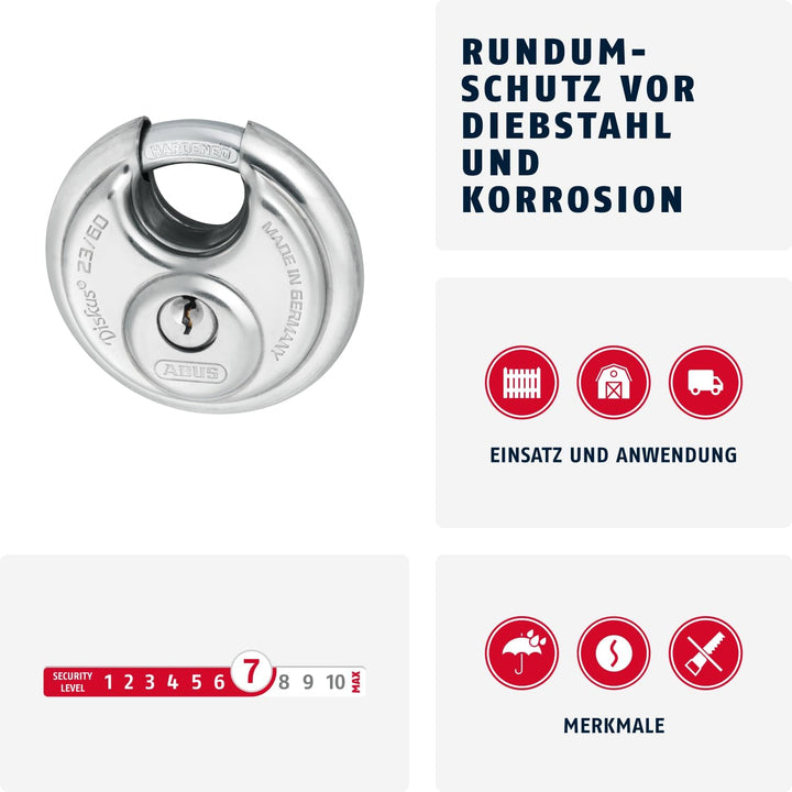 ABUS Diskus Vorhängeschloss 23/60 - wetterfest für den Garten - mit Diskus-Schweisstechnologie für b