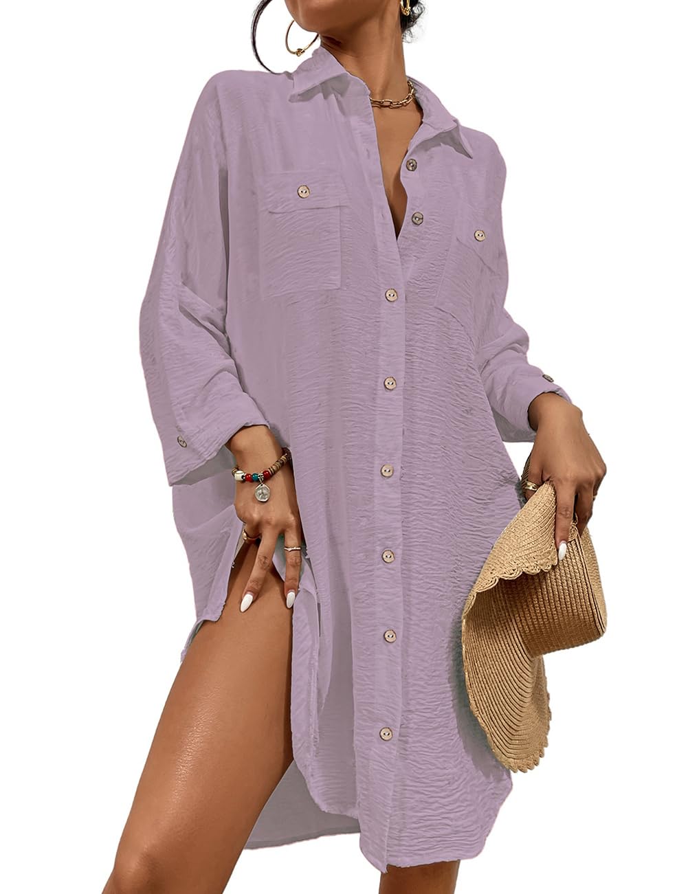 Bsubseach Frauen Badeanzug Coverup Shirt Kleid Button Down Badeanzug Cover Up Beachwear B-lila S, B-