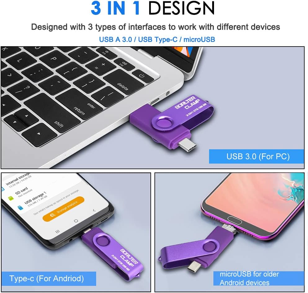 64 GB USB 3.0 Flash-Laufwerk 3 in 1 Foto-Stick für Android-Handys, BORLTER CLAMP OTG Speicherstick m