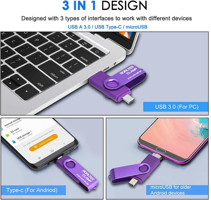 64 GB USB 3.0 Flash-Laufwerk 3 in 1 Foto-Stick für Android-Handys, BORLTER CLAMP OTG Speicherstick m