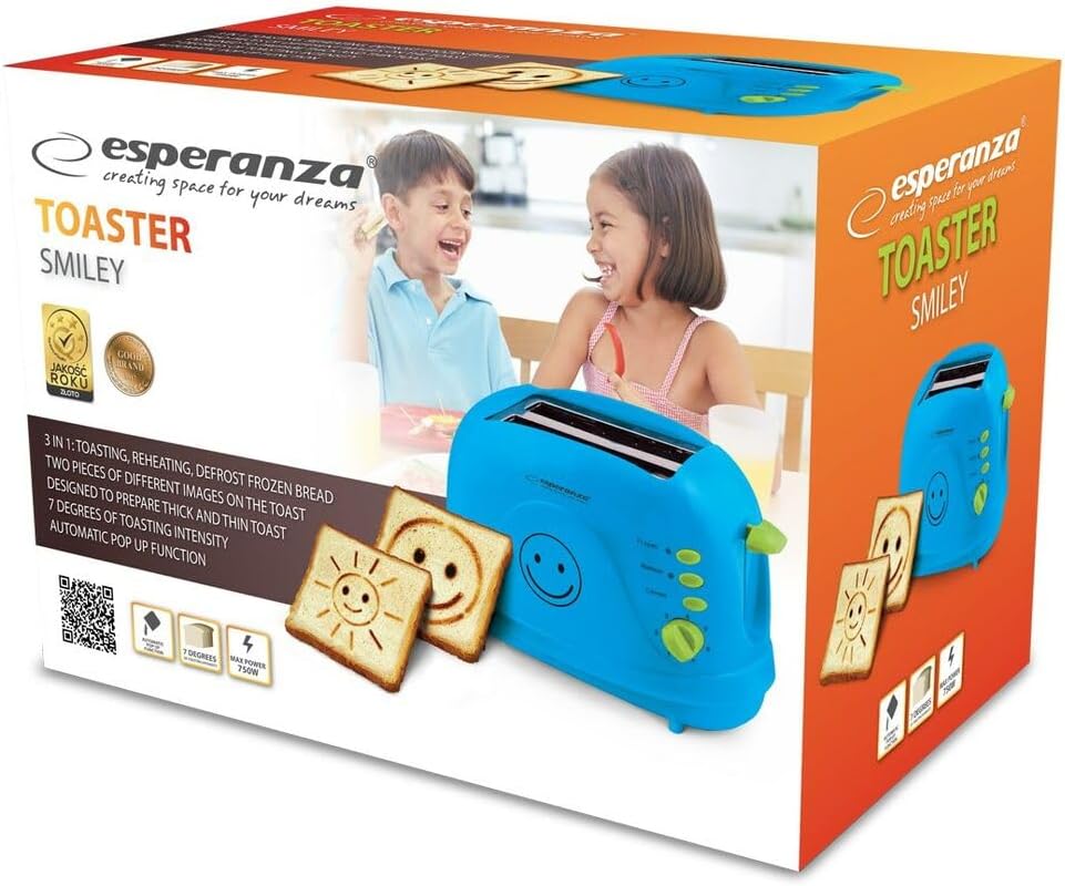 Esperanza Toaster 2 Scheiben mit SMILEY Bild Muster und Timer, Sandwich Krümelschublade, blau