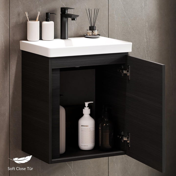 Planetmöbel Waschtischunterschrank 50 cm Anthrazit mit Armatur Schwarz mit Wasserhahn Schwarz matt A
