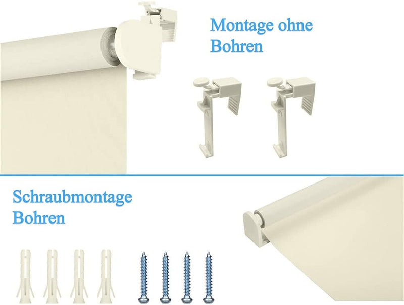 Eurohome Verdunkelungsrollo Thermo Rollo 100x130cm (Stoffbreite 96 cm) Creme Klemmfix ohne Bohren mi