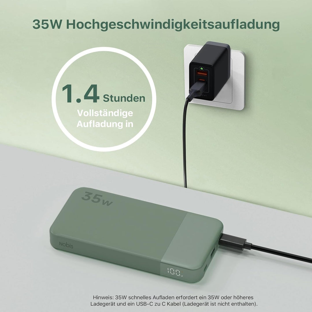 NOBIS 35W Power Bank 10000mAh, Externer Akku mit Digitalanzeige, USB C Ladegerät Schnellladen PD QC,