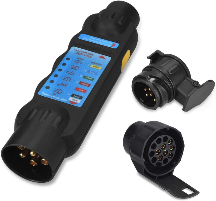 Navaris 7 Pin Anhänger Tester Prüfgerät - mit 13 zu 7 Pol und 7 zu 13 Pol Adapter - Anhängersteckdos