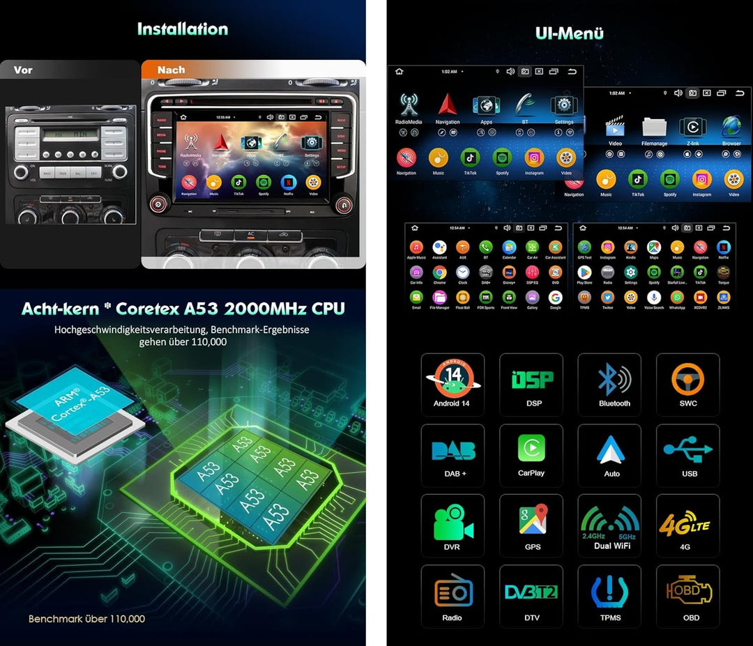 Erisin Android 13 4GB RAM+64GB ROM 8-Kern DVD Autoradio GPS Navi für VW Passat B6 Golf V VI Touran S
