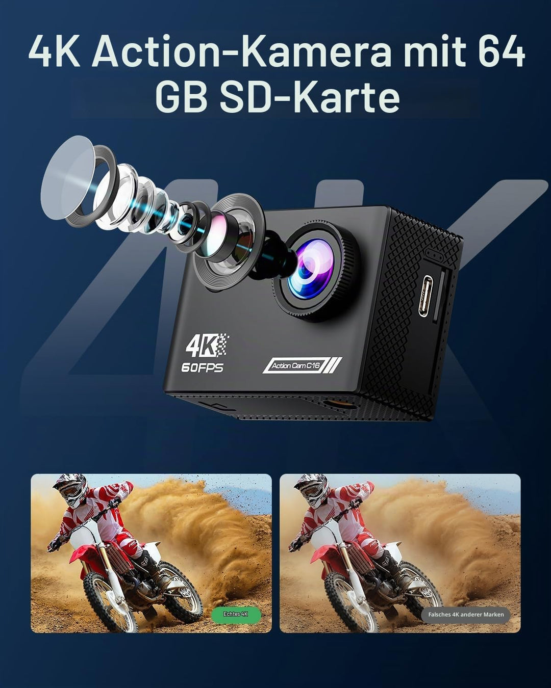 TIMNUT 4K60FPS Action Kamera, 40M wasserdichte Action Cam Unterwasserkamera mit 64 GB SD-Karte, 6-Ac