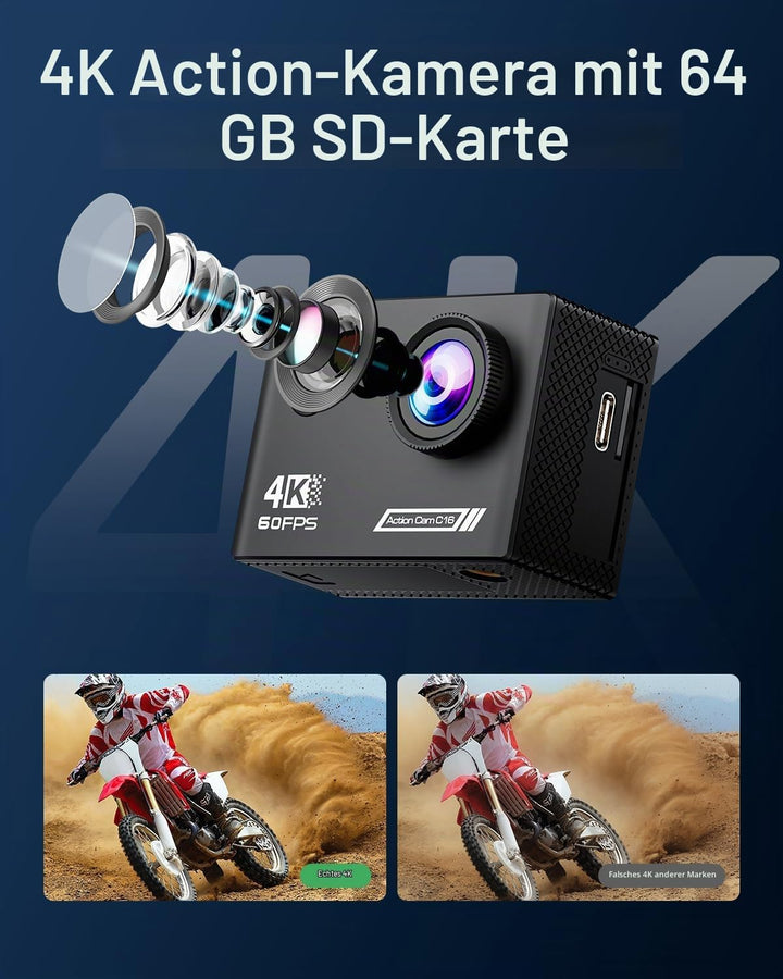 TIMNUT 4K60FPS Action Kamera, 40M wasserdichte Action Cam Unterwasserkamera mit 64 GB SD-Karte, 6-Ac