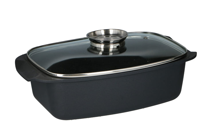alpina Bräter - mit Glasdeckel - für Ofengerichte, Dämpfen und Braten - 5.5 L - Schwarz