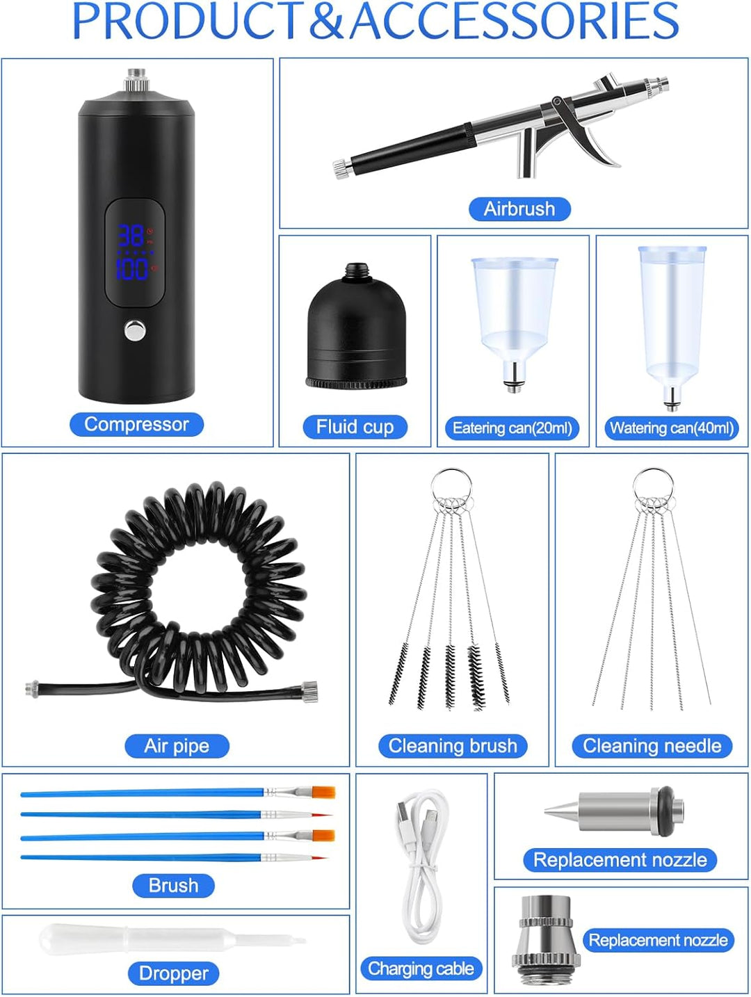 Kalolary 38PSI Airbrush-Set mit Kompressor, Mehrzweck Kabelloser Hochdruck-Kompressor Wiederaufladba