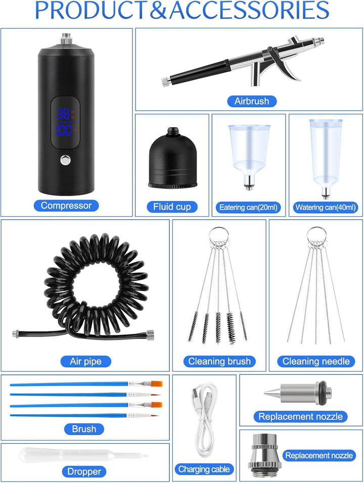 Kalolary 38PSI Airbrush-Set mit Kompressor, Mehrzweck Kabelloser Hochdruck-Kompressor Wiederaufladba