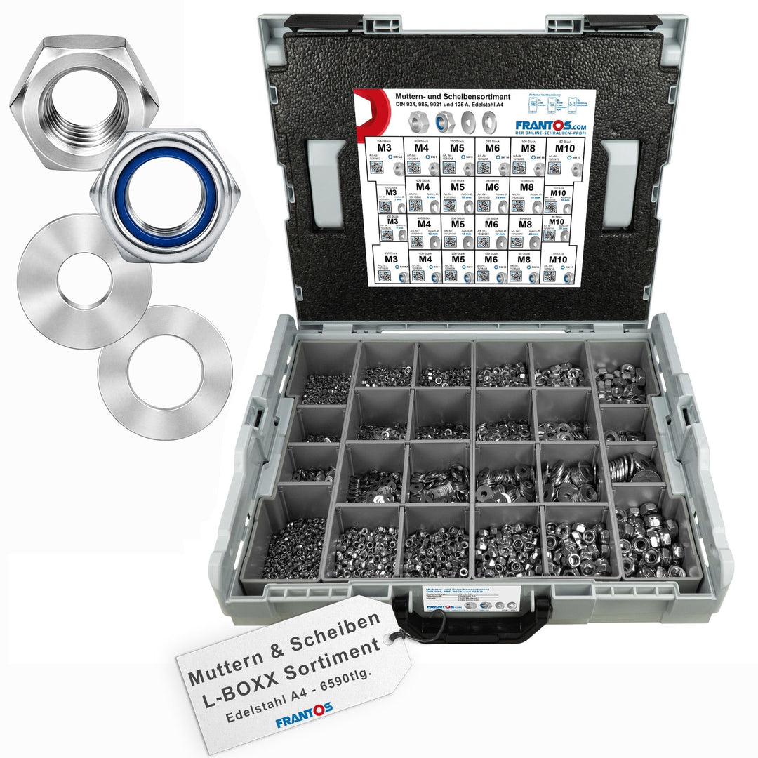 FRANTOS L-BOXX Muttern und Scheiben Set in Edelstahl A4-6.590 tlg., Sechskantmuttern Schraubenmutter