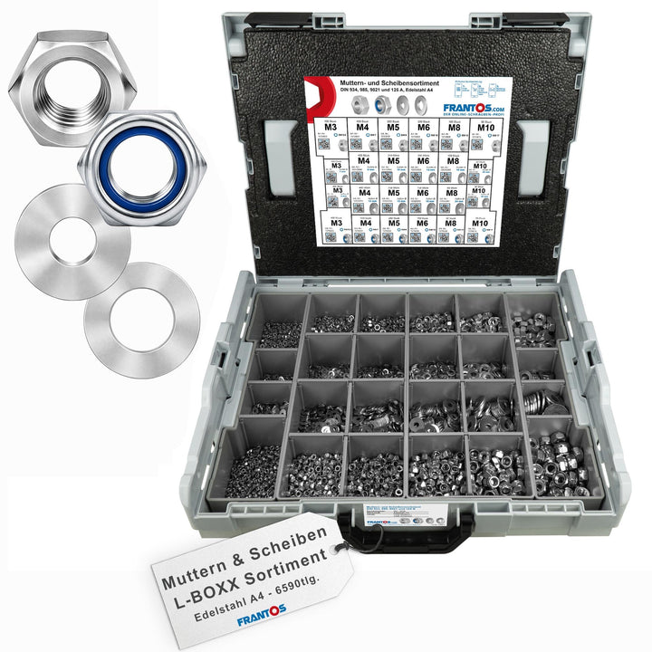 FRANTOS L-BOXX Muttern und Scheiben Set in Edelstahl A4-6.590 tlg., Sechskantmuttern Schraubenmutter