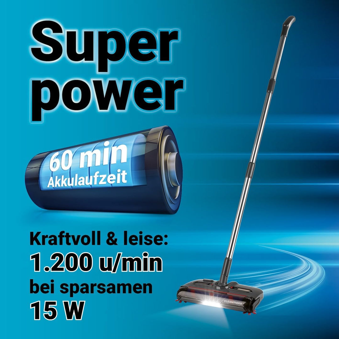 CLEANmaxx Akkubesen kabellos | Bodenfeger mit 1.200 U/min & 4 Bürsten | inkl. LED-Licht | Anti-Haar-