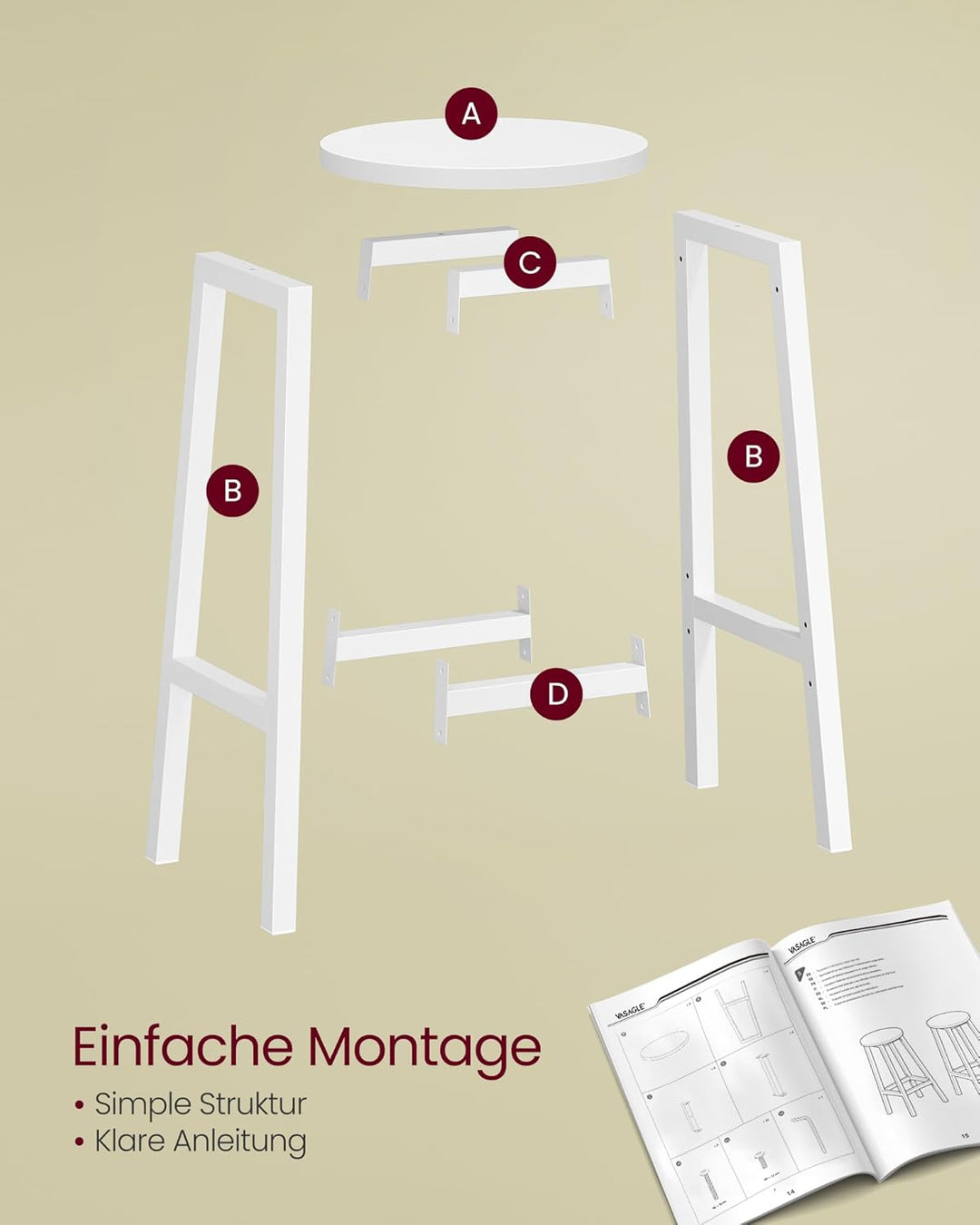 VASAGLE Barhocker, 2er Set, Barstühle, Küchenstühle mit Metallgestell, einfache Montage, 65 cm hoch,
